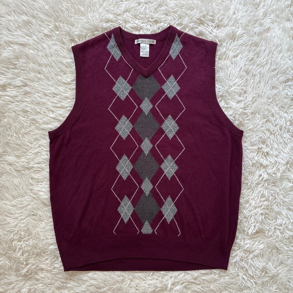 Vintage Geoffrey Beene Mens Argyle Sweater Vest Burgundy Grey V-Neck Size L